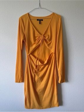BCBG Golden Yellow Long-Sleeve Cutout Drawstring Dress